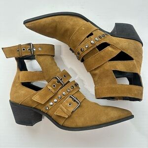 Zara Suede Cutout Studded Ankle Buckle Western Boots Booties Size 10
